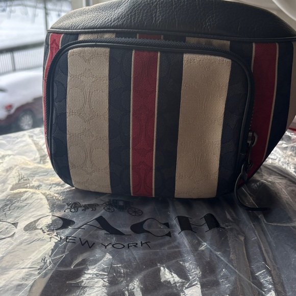Like New COACH Thompson Navy and Burgundy Striped Bum Bag